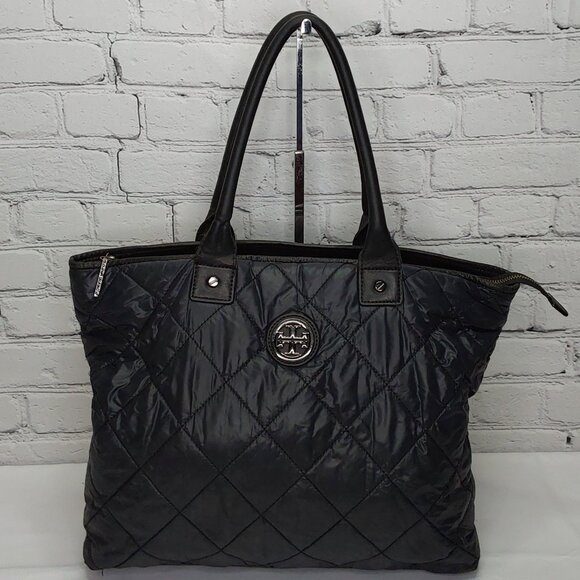 TORY BURCH TOTE BAG LEATHER & NYLON NAVY BLUE DOUBLE SHOULDER STRAPS - Picture 5 of 14